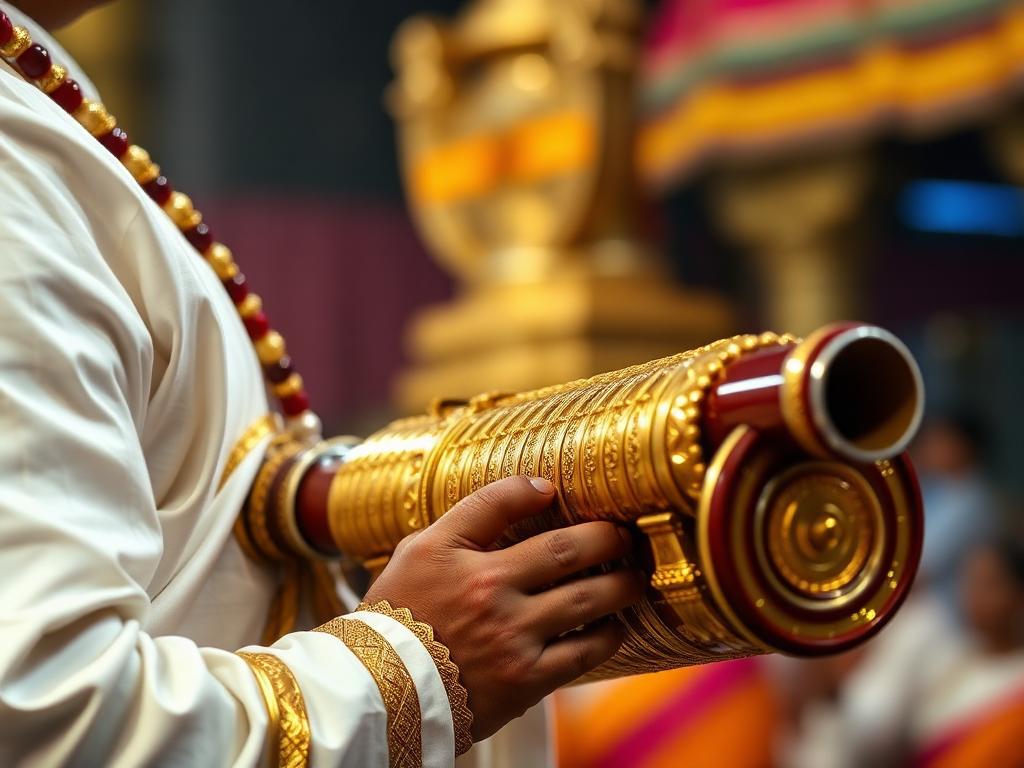 Traditional nadhaswaram instrument held by a professional Nadhaswaram artist at a Chennai temple