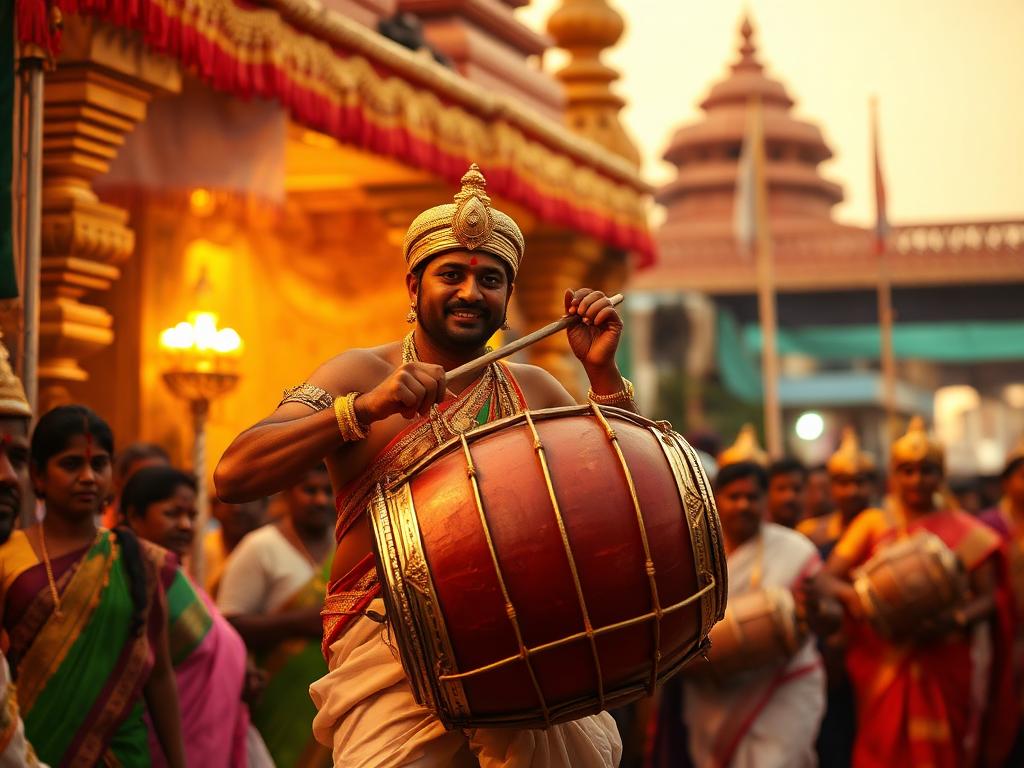 Professional thavil team performing in a South Indian temple festival procession