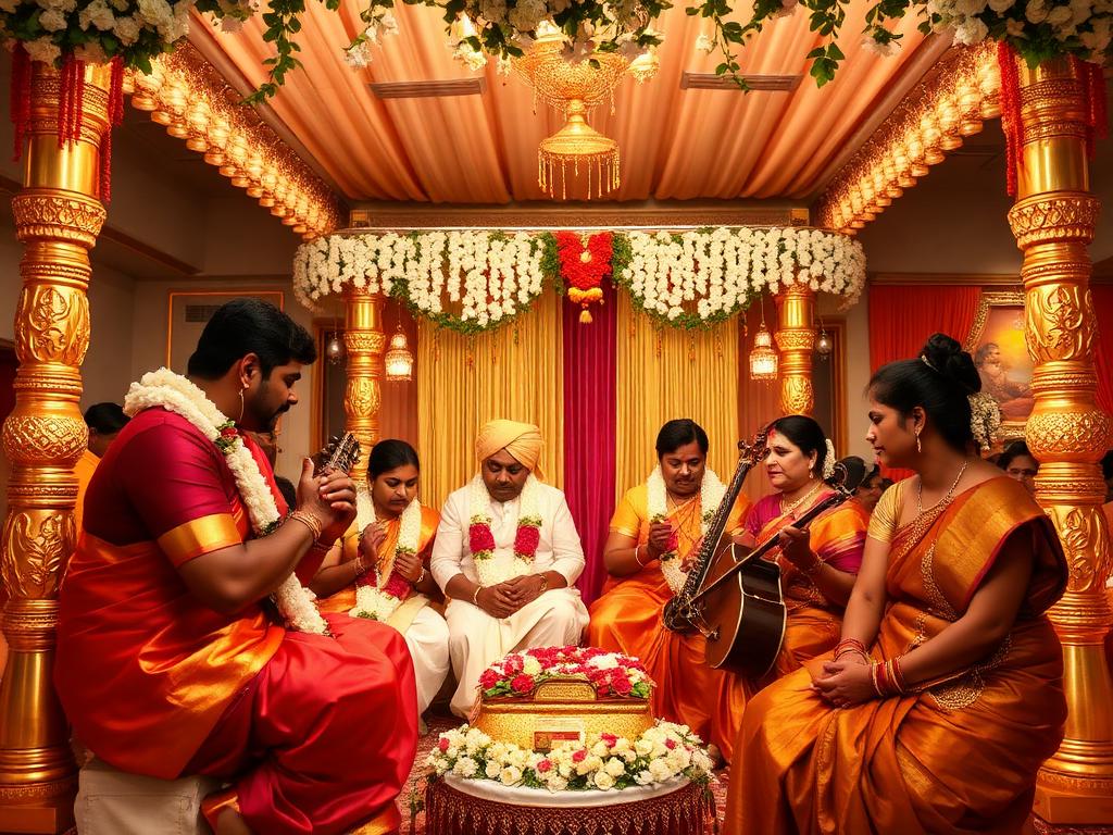 Wedding Nadhaswaram Chennai artists performing beside a decorated wedding mandap
